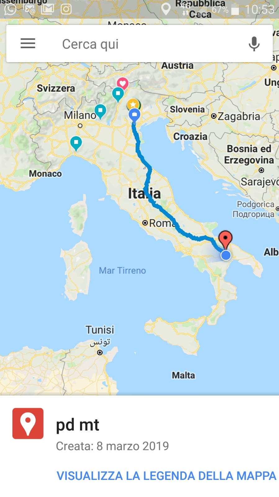 The map of Filippo's bike trip