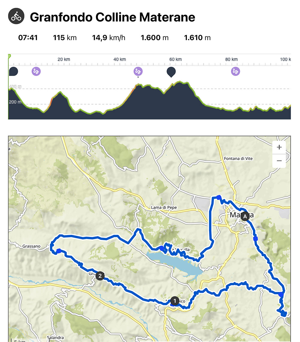Mappa del tour in bici Granfondo Colline Materane